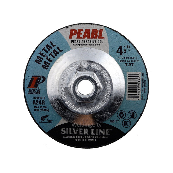 Pearl Abrasive® Silver-Line™ Aluminum Oxide Grinding Wheel DC4510TH Depressed Center with Hub 4-1-2 x 1-4 x 5-8"-11