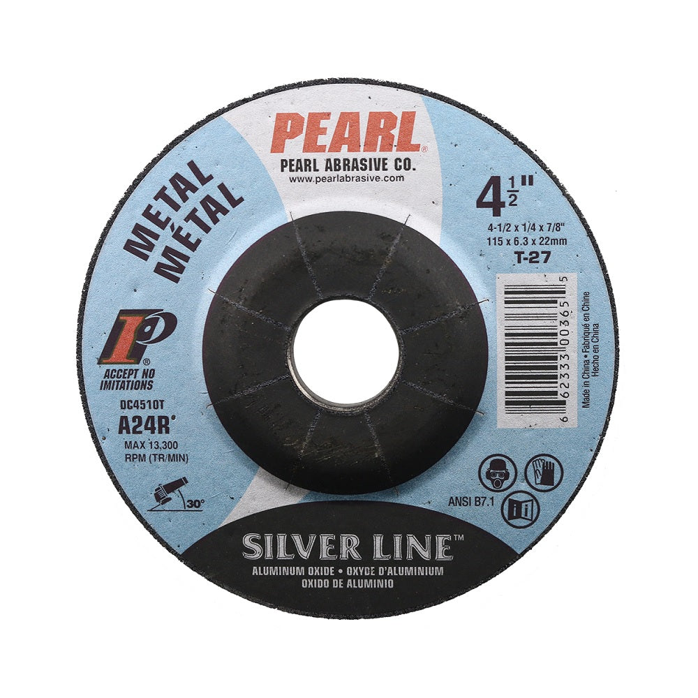 Pearl Abrasive® Silver-Line™ Aluminum Oxide Grinding Wheel DC4510T Depressed Center 4-1-2 x 1-4 x 7-8"