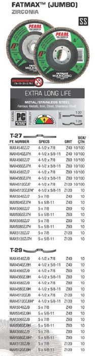 Pearl Abrasive® Maxidisc™ FATMAX™ Extra Long Life Zirconia Flap Disc MAX45XXZJ7 4-1-2 x 7-8"