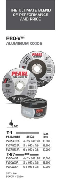 Pearl Abrasive® Slimcut™ Pro-V™ Aluminum Oxide Cut-off Wheel PVCW4532A Type-1 Size 4-1-2 x .040 x 7-8"