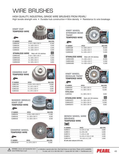 Pearl Abrasive® Power Wire Brush Crimped Tempered Wire Cup Wheel CLWBC258 Size 2-3-4 x .015 x 5-8"-11