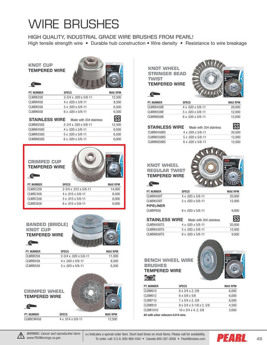 Pearl Abrasive® Power Wire Brush Crimped Tempered Wire Cup Wheel CLWBC258 Size 2-3-4 x .015 x 5-8"-11