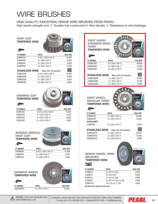 Pearl Abrasive® Power Wire Brush Stringer Bead Twist Knot Wheel Stainless Wire CLWBK458BS Size 4 x .020 x 5-8"-11