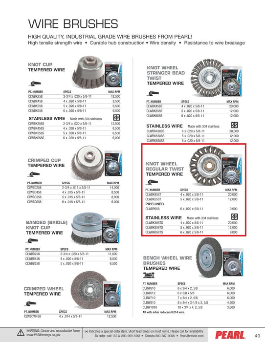 Pearl Abrasive® Power Wire Brush Stringer Regular Twist Knot Wheel Tempered Wire CLWBK458T Size 4 x .020 x 5-8"-11