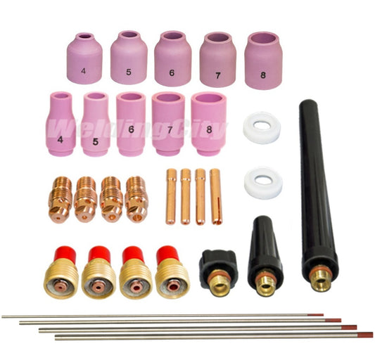 WeldingCity® 35-pcs Torch Accessory Kit Assorted Sizes 040-1-16-3-32-1-8 with Selectable Tungsten Electrodes for Regular and Gas Lens Setup