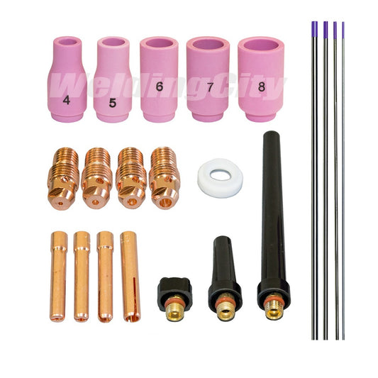 WeldingCity® 21-pcs Torch Accessory Kit Assorted Sizes 040-1-16-3-32-1-8 with Selectable Tungsten Electrodes for Regular Setup