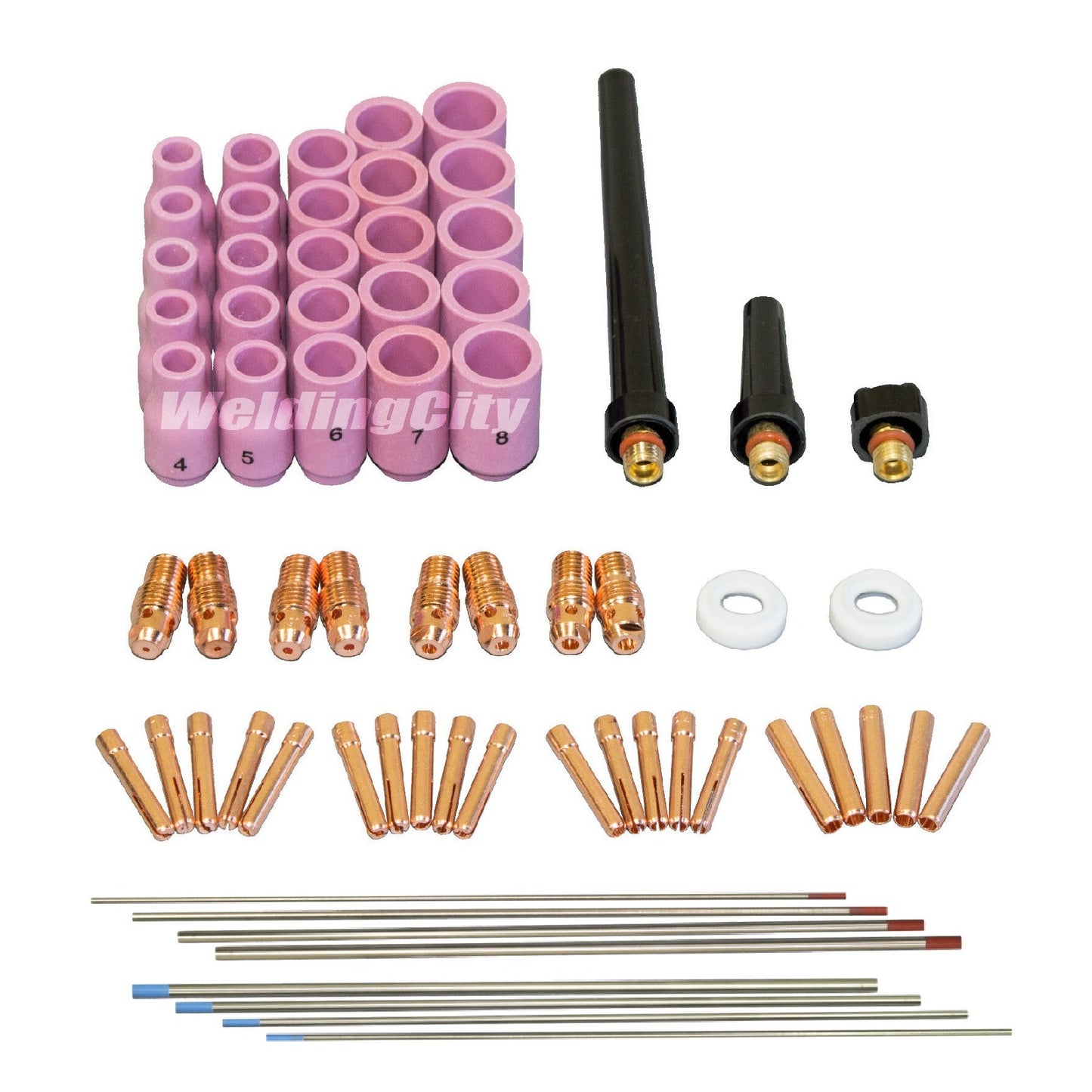 WeldingCity® 66-pcs Torch Accessory Kit Assorted Sizes 1-16-3-32-1-8 with 2.0% Thoriated (Red) and 2.0% Lanthanated (Blue) Tungsten Electrodes