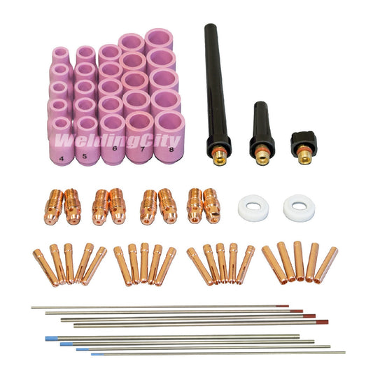 WeldingCity® 66-pcs Torch Accessory Kit Assorted Sizes 1-16-3-32-1-8 with 2.0% Thoriated (Red) and 2.0% Lanthanated (Blue) Tungsten Electrodes