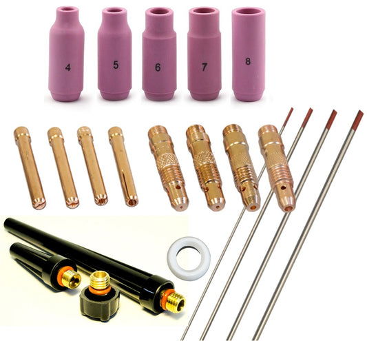WeldingCity® 21-pcs Torch Accessory Kit Assorted Sizes 040-1-16-3-32-1-8 with Selectable Tungsten Electrodes for Regular Setup