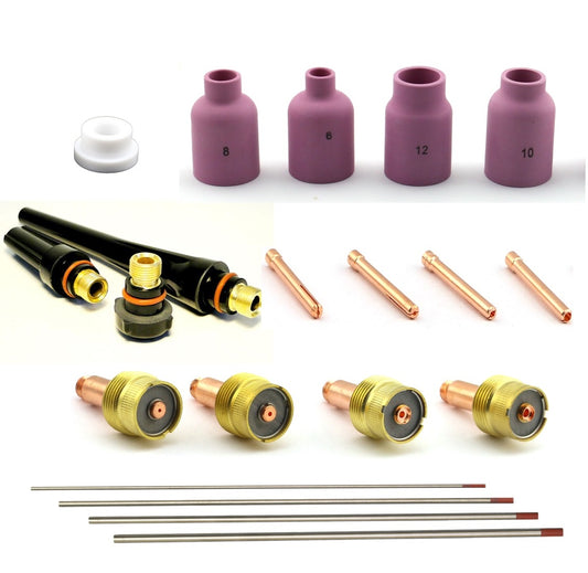 WeldingCity® 20-pcs Torch Accessory Kit Assorted Sizes 040-1-16-3-32-1-8 with Selectable Tungsten Electrodes for Large Gas Lens Setup