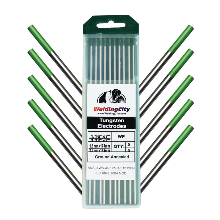 Assorted-size 10-pcs WeldingCity® TIG Welding Tungsten Electrode Pure (Green) Selectable Diameter 0.040"-1-16"-3-32"-1-8" x 7"