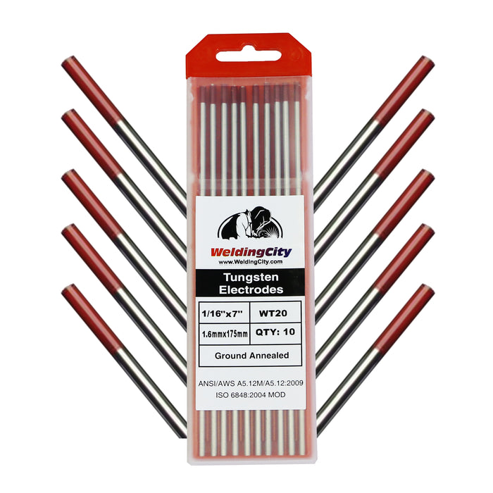 10-pcs WeldingCity® TIG Welding Tungsten Electrode 2.0% Thoriated (Red) 1-16" x 7" (10 per Box)