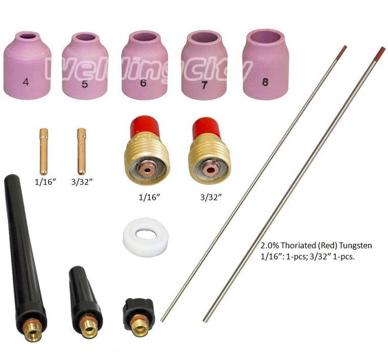 WeldingCity® Torch Accessory Kit 15-pcs 1-16-3-32 with 2.0% Thoriated Tungsten Electrodes for Gas Lens Setup