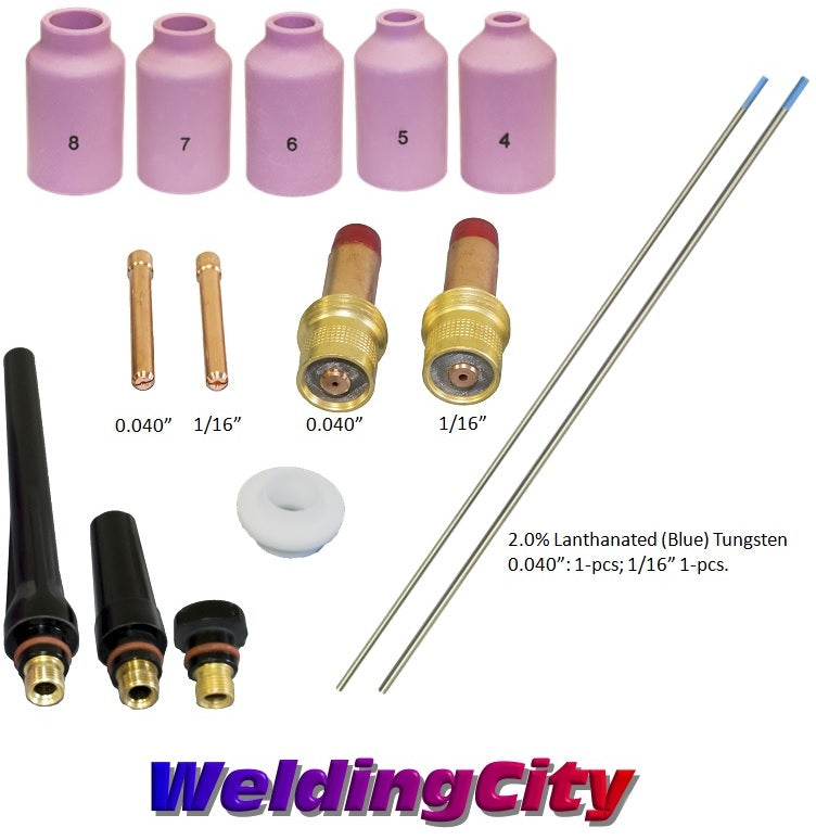 WeldingCity® 15-pcs TIG Torch Accessory Kit Assorted 0.040-1-16 with 2.0% Lanthanated (Blue) Tungsten Electrodes