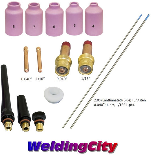 WeldingCity® 15-pcs TIG Torch Accessory Kit Assorted 0.040-1-16 with 2.0% Lanthanated (Blue) Tungsten Electrodes