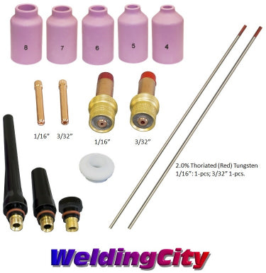 WeldingCity® 15-pcs TIG Torch Accessory Kit Assorted 1-16-3-32 with 2.0% Thoriated (Red) Tungsten Electrodes