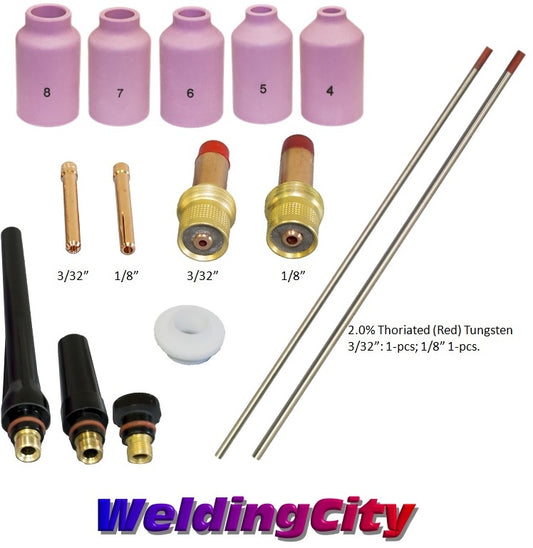 WeldingCity® 15-pcs TIG Torch Accessory Kit Assorted Sizes 3-32-1-8 with 2.0% Thoriated (Red) Tungsten Electrodes