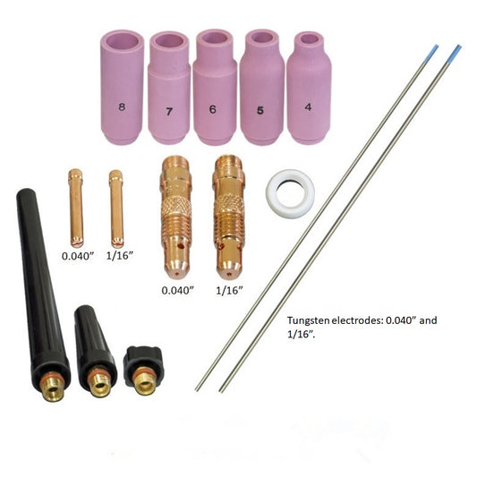 WeldingCity® 15-pcs Torch Accessory Kit Assorted Sizes 040-1-16 with Selectable Tungsten Electrodes for Regular Setup