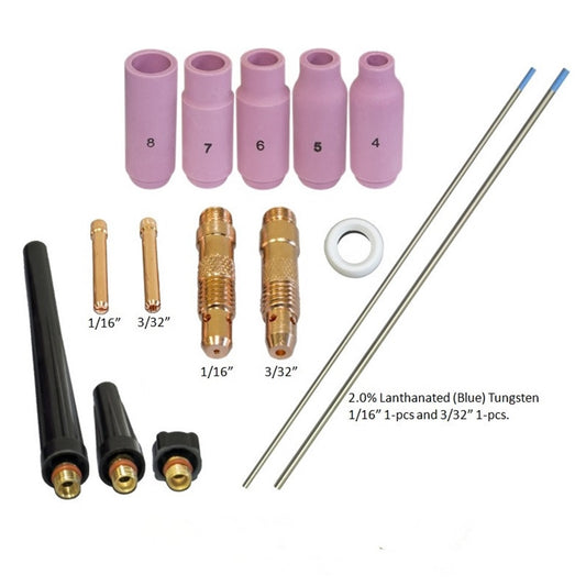 WeldingCity® 15-pcs Torch Accessory Kit Assorted Sizes 1-16-3-32 with Selectable Tungsten Electrodes for Regular Setup