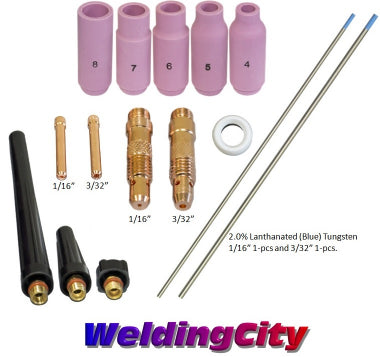 WeldingCity® 15-pcs TIG Torch Accessory Kit Assorted 1-16-3-32 with 2.0% Lanthanated (Blue) Tungsten Electrodes
