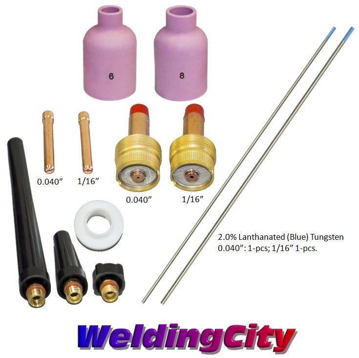 WeldingCity® 12-pcs TIG Torch Accessory Kit Assorted 0.040-1-16 with 2.0% Lanthanated (Blue) Tungsten Electrodes