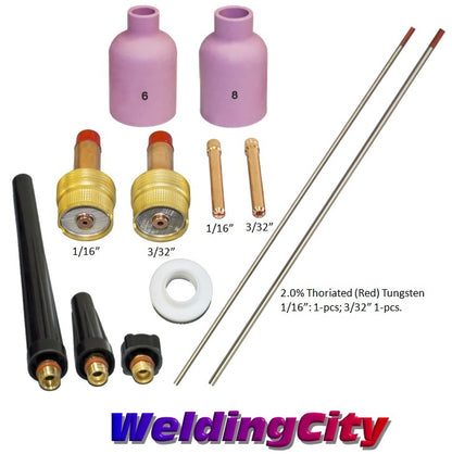 WeldingCity® 12-pcs TIG Torch Accessory Kit Assorted 1-16-3-32 with 2.0% Thoriated (Red) Tungsten Electrodes