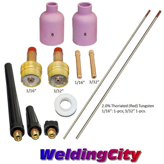 WeldingCity® 12-pcs TIG Torch Accessory Kit Assorted 1-16-3-32 with 2.0% Thoriated (Red) Tungsten Electrodes
