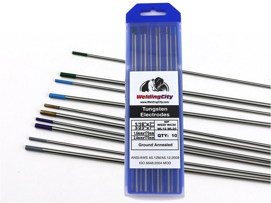 10-pcs WeldingCity® TIG Welding Tungsten Electrode 1-16" and 3-32" x 7" Pure-Tri Element-Ceriated-Lanthanated 1.5-Lanthanated 2.0