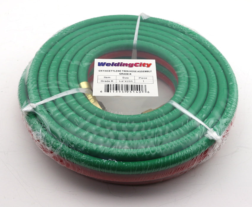 WeldingCity® 50-ft 1-4" Grade-R Twin-Hose (Green and Red) B-B Fittings for Oxy-Acetylene Welding Cutting Heating