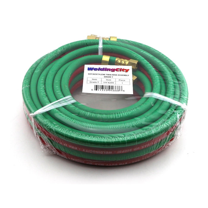 WeldingCity® 50-ft 1-4" Grade-T Twin-Hose (Green and Red) B-B Fittings for Acetylene Propane Gas Welding Cutting Heating